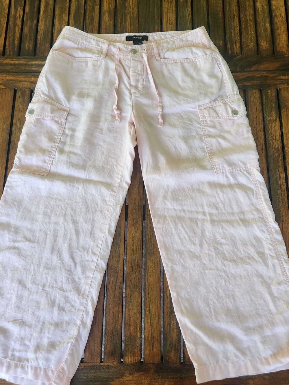 Women's Express Pale Pink Linen Cargo Drawstring Waist Pants Size 7/8 Beachy